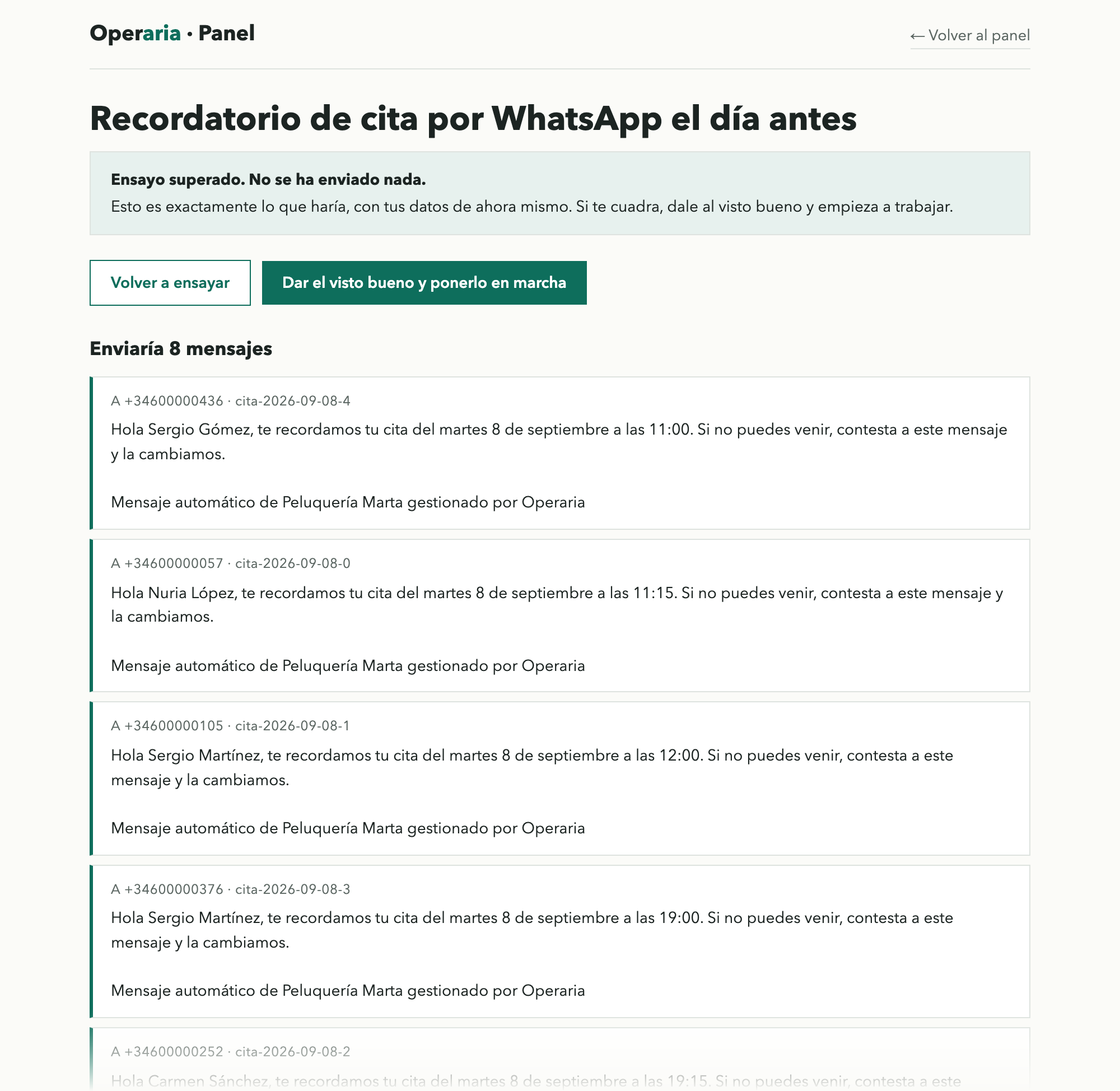 The Operaria rehearsal screen: “Rehearsal passed. Nothing has been sent”, with the list of the eight messages it would send and the button to give the go-ahead