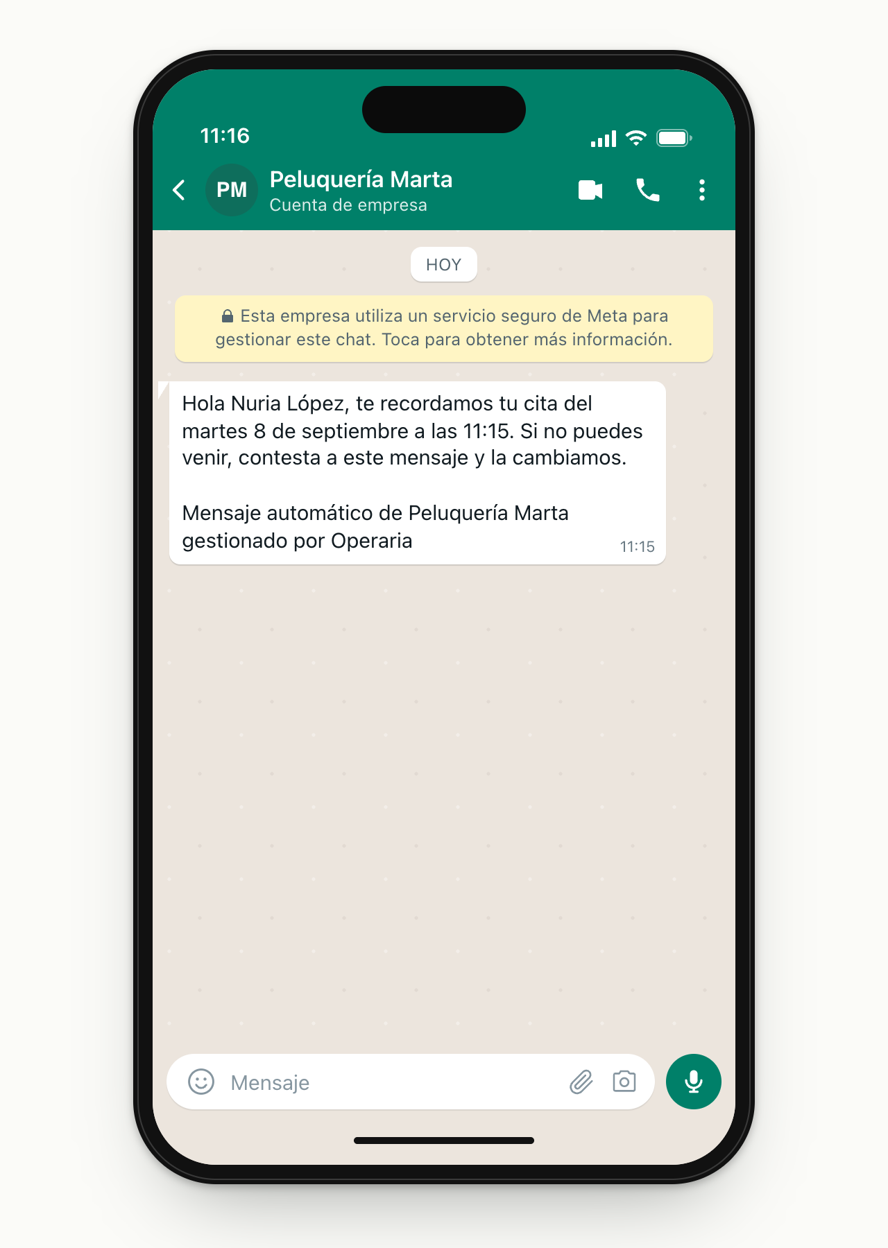 A WhatsApp as a customer receives it: “Hello Nuria López, this is a reminder of your appointment on Tuesday 8 September at 11:15”, signed “Automated message from Peluquería Marta, run by Operaria”