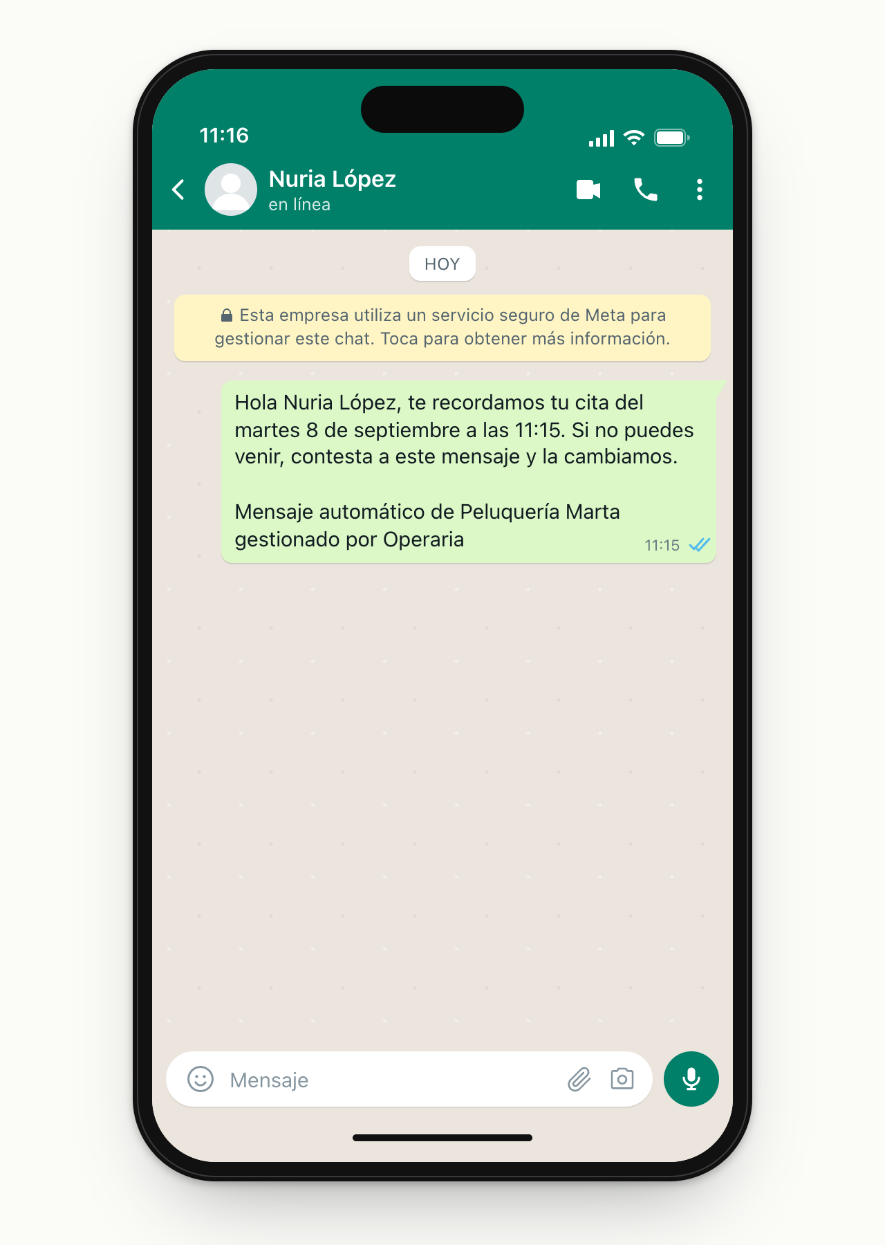 El mismo recordatorio visto desde el WhatsApp del negocio: la conversación con Nuria López, con la burbuja verde enviada y el doble check azul de leído